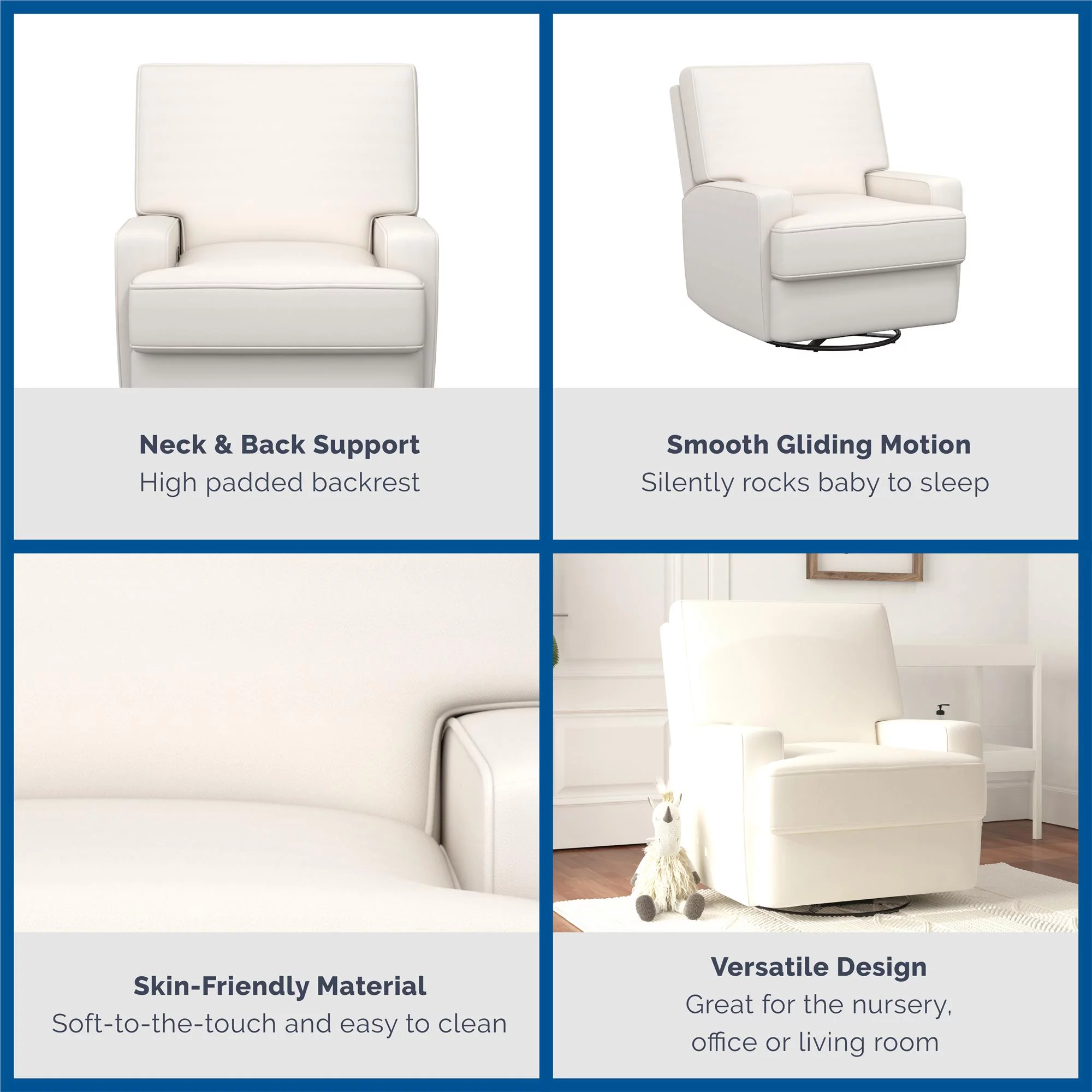 Baby Relax Rylan 4-in-1 Swivel Glider Rocker Recliner Chair, White Linen