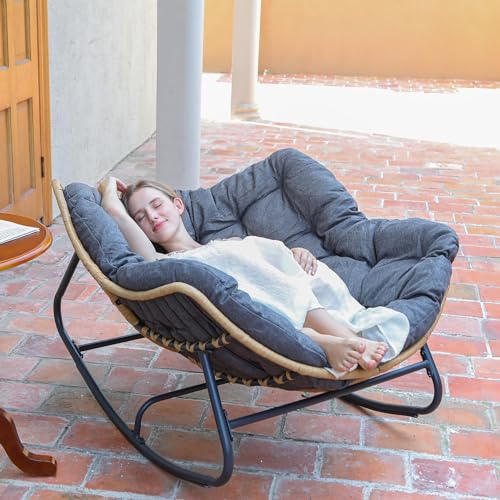 SWITTE Outdoor Rocking Chair, Oversized Patio Papasan Rocker, Comfy Wicker Reading Lounge, Indoor Egg Chair for Bedroom, Living Room, Porch, Garden