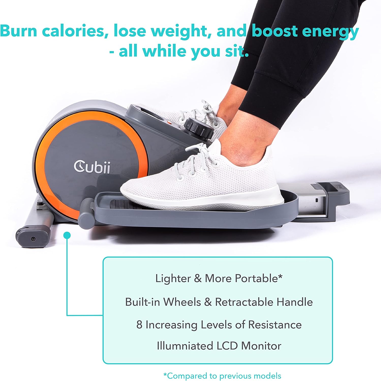 Cubii Go Seated Under Desk Elliptical, Portable w/Built-in Wheels & Retractable Handle, Compact Pedal Bike Exerciser for Home Fitness