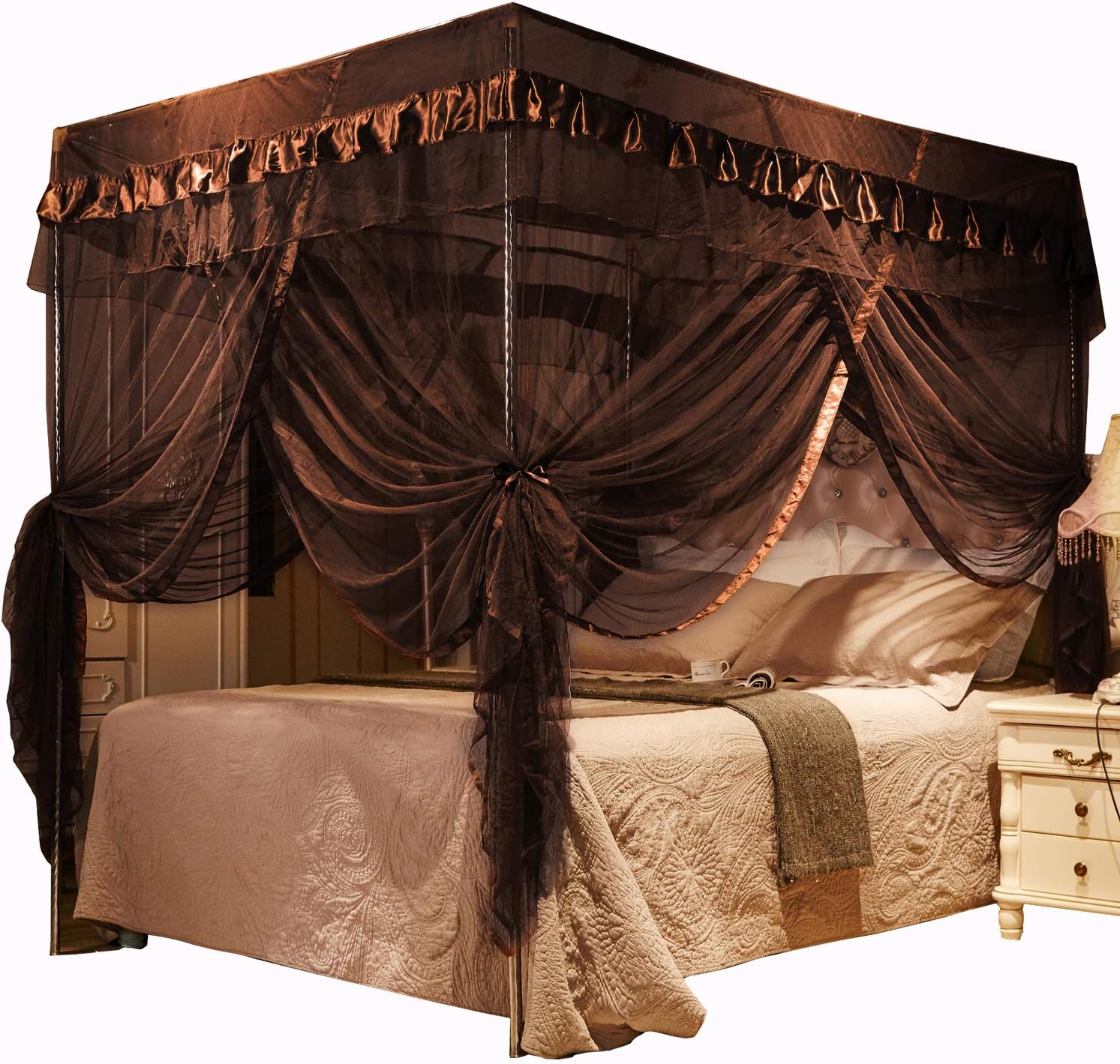 Mengersi Black Canopy Bed Curtains Queen Size, Royal Luxurious Cozy Drapes Netting- Elegant Bed Sheer Bedroom Decoration Accessories for Adults