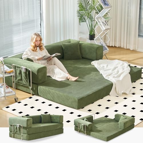 Convertible Sleeper Sofa Bed No Assembly Corduroy Upholstered Green Modular Floor Couch Queen/King Size Foldable Futon with Memory Foam for Apartment