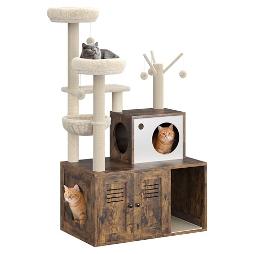 Litter Box Enclosure with Cat Tree Tower and Condo,Hidden Pet Washroom Furniture with Sisal Scratching Post,Hammocks,Condo,Multiple Platform