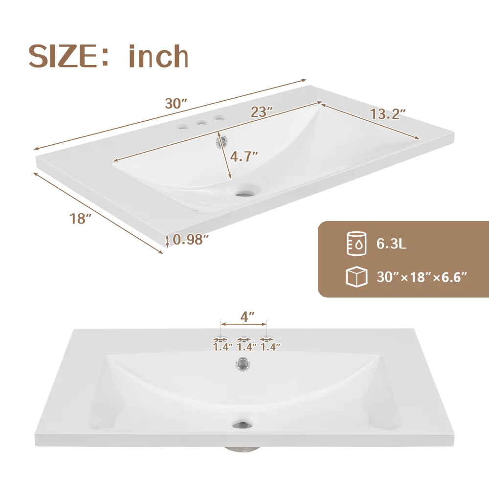 30" Bathroom Vanity with Sink, Bathroom Storage Cabinet with Doors and Drawers, Solid Wood Frame, Ceramic Sink, White