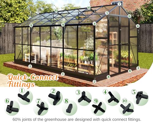 8x12 FT Polycarbonate Greenhouse with Quick-Connect Fittings, Walk-in Large Aluminum Greenhouse with 2 Swing Doors