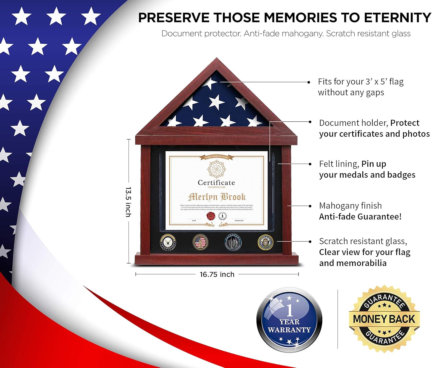 Flag Case Flag Display Case Military Shadow Box Flag and Certificate Display Case 95% Clear with Felt Lining Holder for Medal Certificate fits Folded