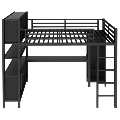 Metal Loft Bed with Wardrobe and L-Shaped Desk, Full Size Loft Bed with Storage Cubes and Shelves, Heavy Duty Loft Bed for Kids Teens, White