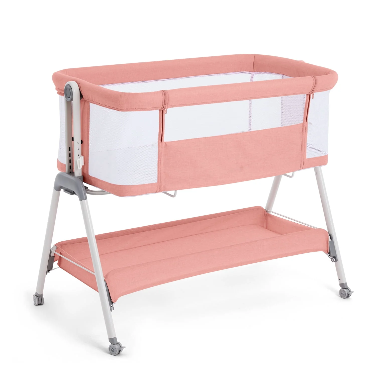 ANGELBLISS Flat Bedside Bassinet with Storage Basket, Easy Folding Portable Crib with Wheels, Included Breathable Mesh