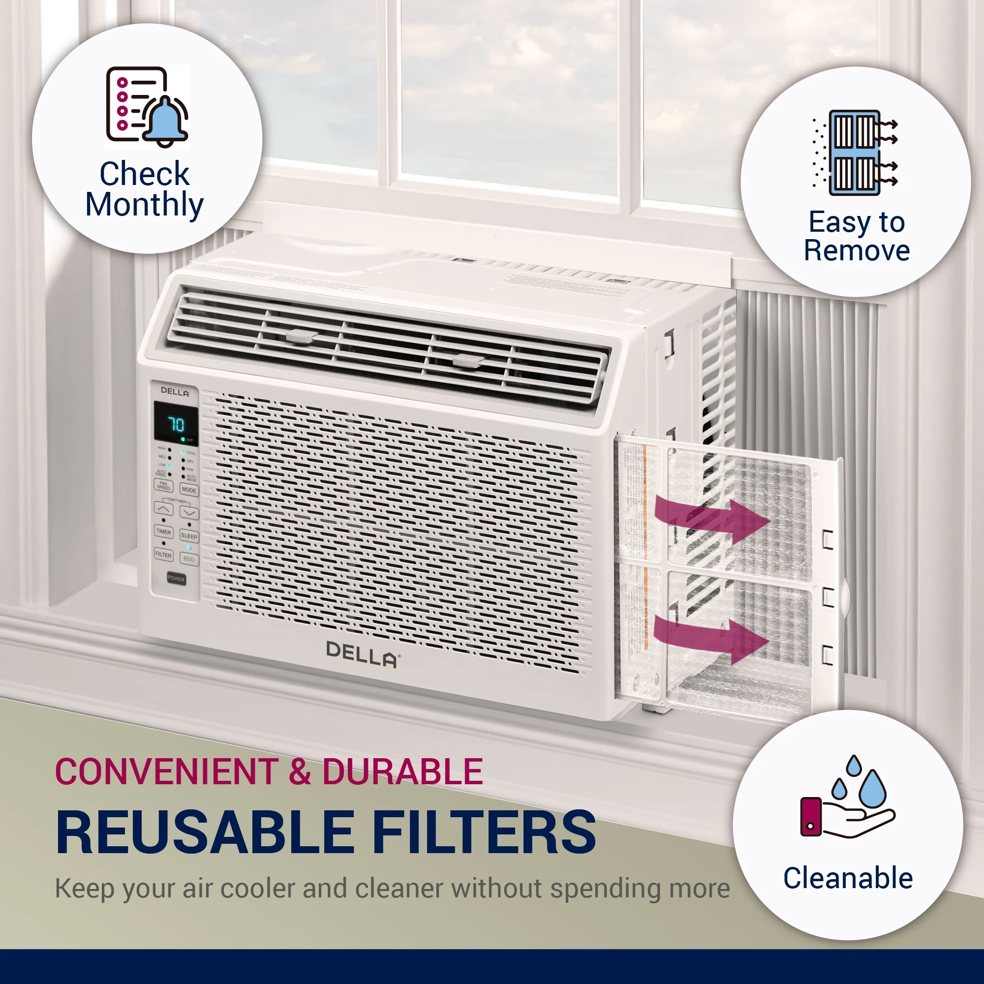 DELLA 6000 BTU Energy Saving Window Air Conditioner, Whisper Quiet AC Unit with Remote Control, Dehumidifier, Fan, Cools Up to 250 Sq. Ft.