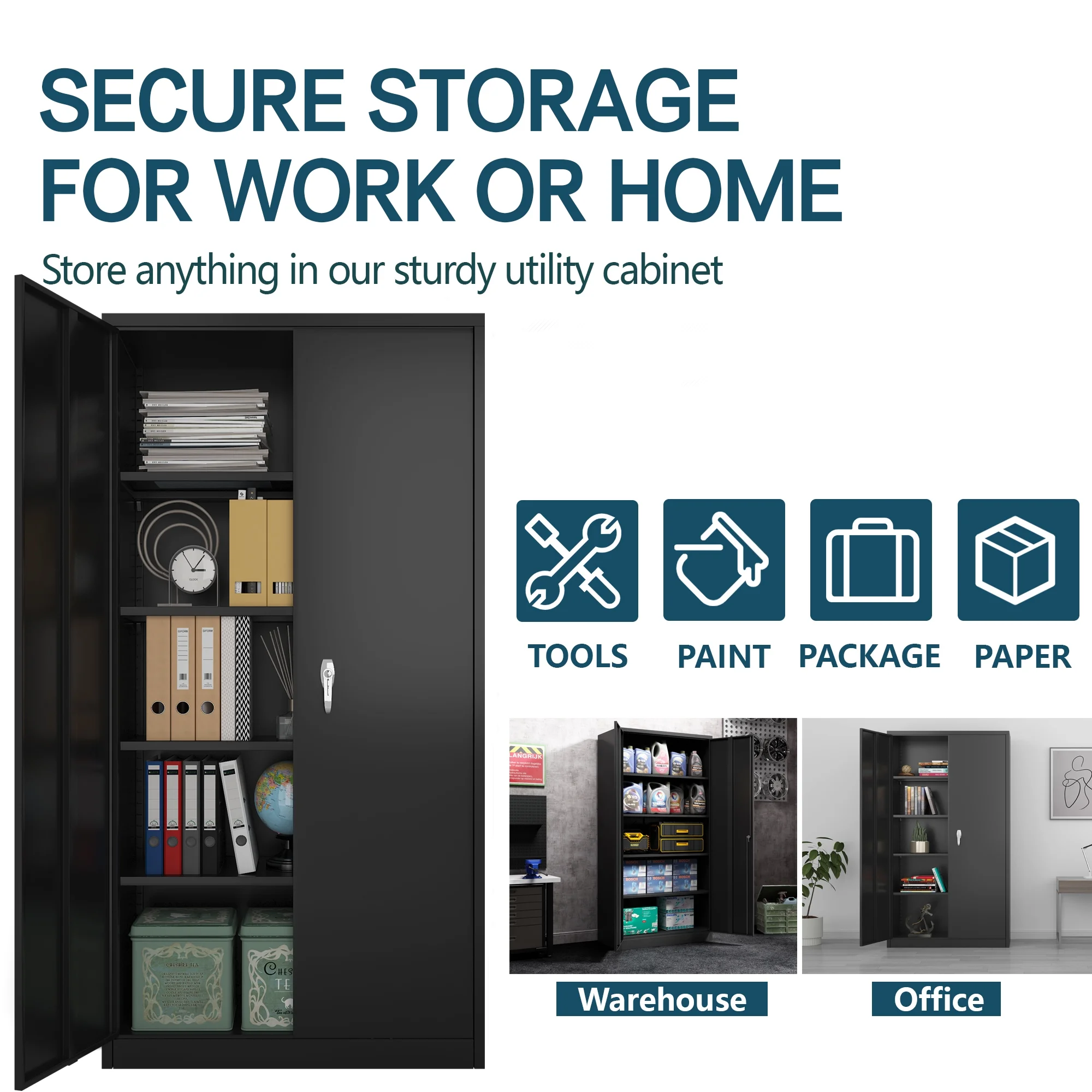 GangMei Industrial Metal Garage Storage Cabinet, Large Space Steel Utility Cabinets with 4 Adjustable Shelves & Locking Doors