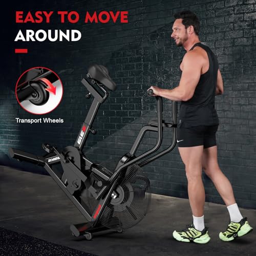 pooboo Exercise Bike, Stationary Bike for Home Gym, Air Resistance Bluetooth Fan Bike w/Dual Acction Handlebars & Dual-Layer Transmission System