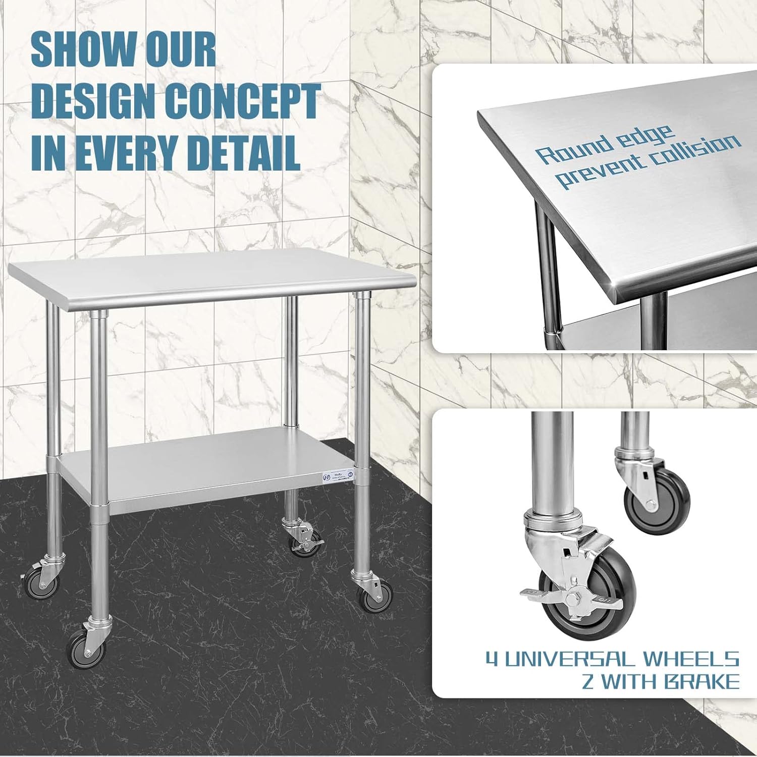 Hally Stainless Steel Table for Prep & Work 24 x 36 Inches with Caster Wheels