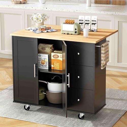 Shintenchi Rolling Kitchen Island Cart with Folding Drop Leaf Breakfast Bar, Portable Trolley Island with Large Storage Cabinet, Shelf and Drawer