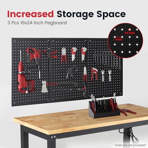 48 Inch Work Table for Garage Adjustable Height Rubber Wood Tabletop Workbench with Storage Work Bench Table with Power Outlets Pegboard Pad for