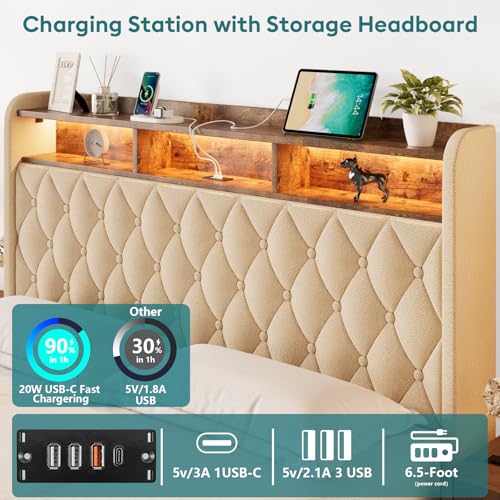 Queen Bed Frame with Storage - Lift Up Queen Size Bed Frame with Headboard, Upholstered Platform Bed with LED Lights & Charging Station