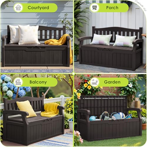 Greesum 80 Gallon Outdoor Storage Bench, Resin Patio Furniture with Armrest,Waterproof and UV-Resistant, Perfect to Garden, Poolside and Lawn