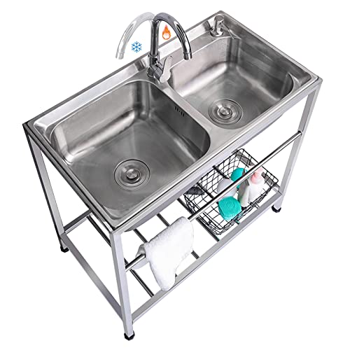 Outdoor Utility Sink Stainless Steel Double Bowl Sink Free Standing Commercial Restaurant Kitchen Sink with Hot and Cold Faucet for Laundry,Garage