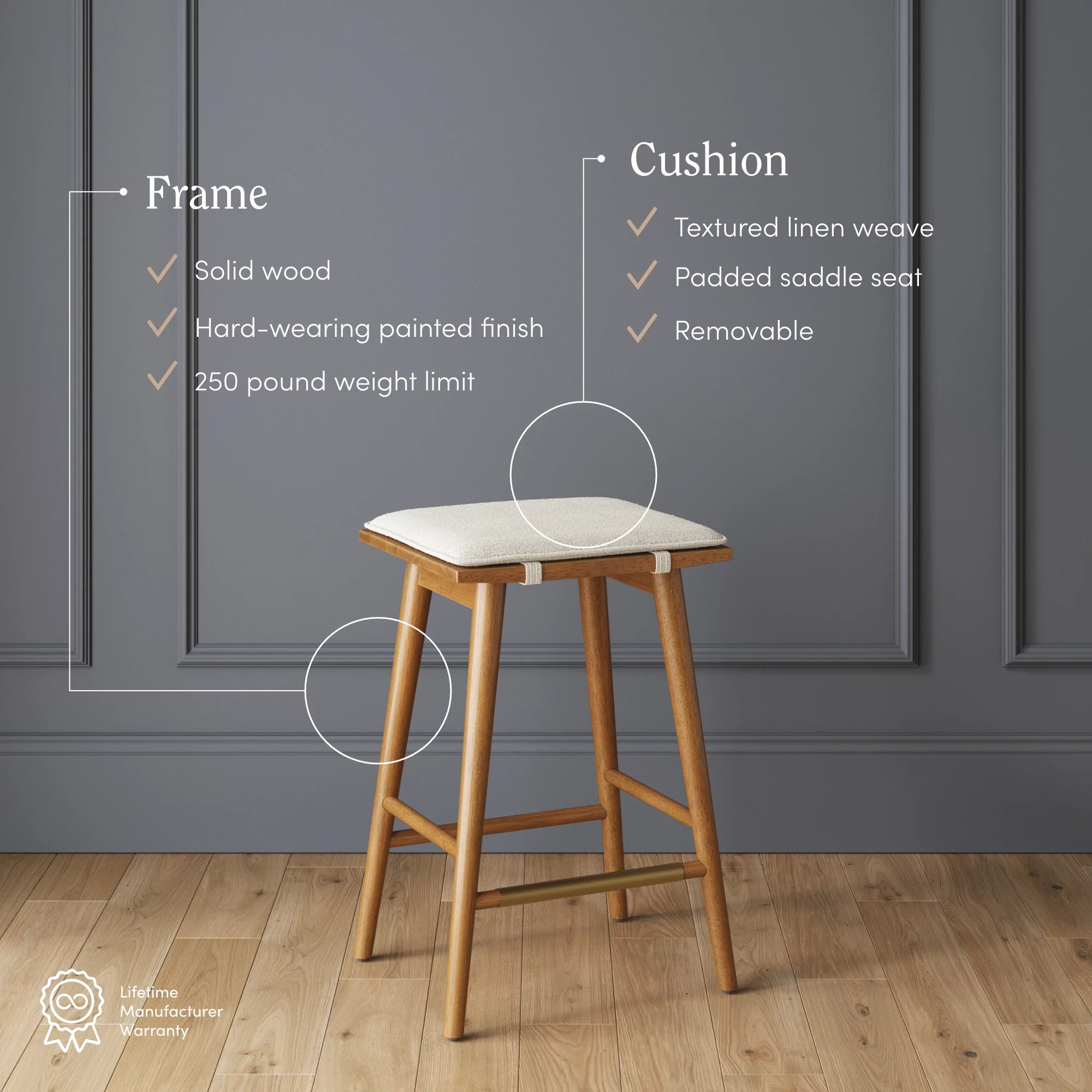 Nathan James Barker Counter Height Solid Wood Barstool with Upholstered Cushion