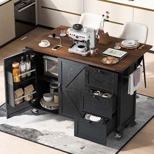Farmhouse Kitchen Island with Power Outlet, Drop Leaf, Spice Rack and Drawer,Rolling Kitchen Cart on Wheels