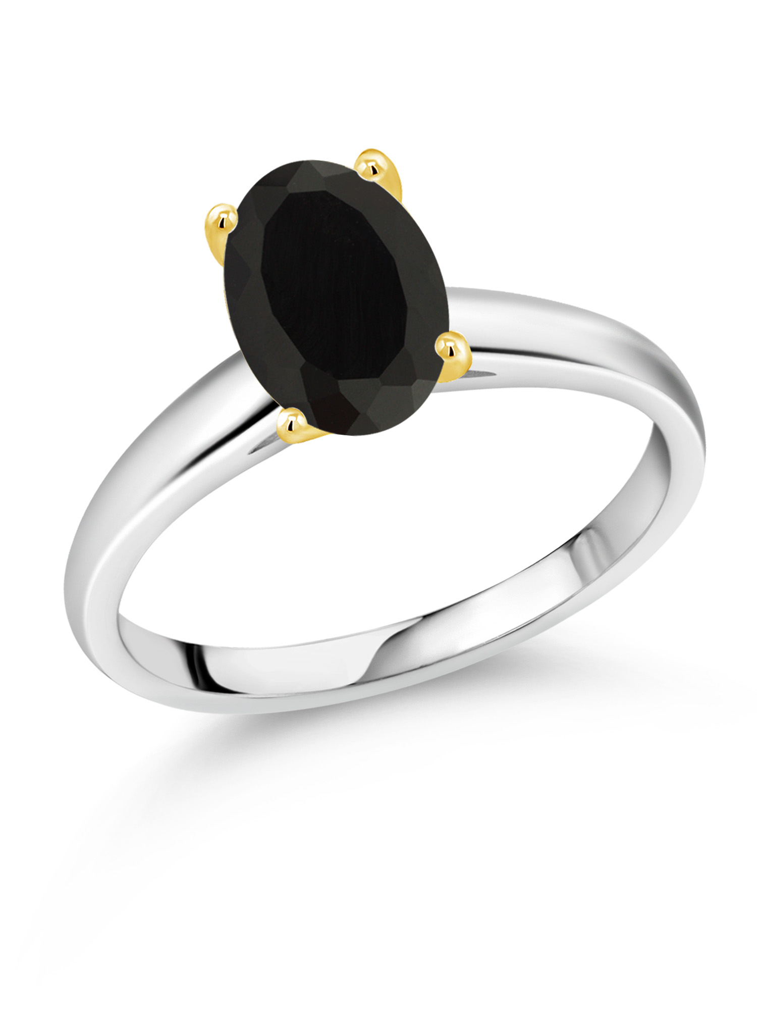 Gem Stone King 2.00 Ct Oval Black Onyx 925 Silver and 10K Yellow Gold Ring Ring