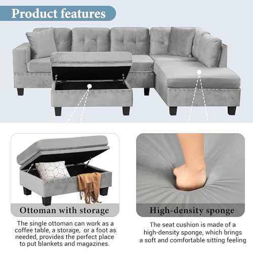 Merax Modern Sectional Sofa with Storage Ottoman, L Shaped Couch with 2 Pillows and 2 Cup Holders
