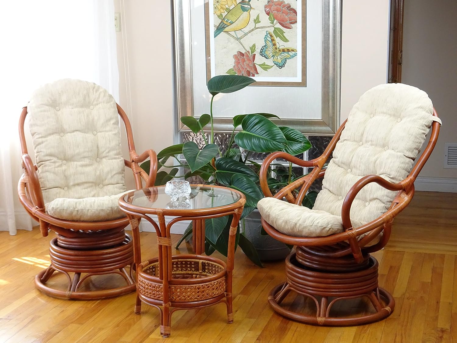 Wickerix 2 PC Java Swivel Rocking Chair Natural Handmade Rattan Set: Lounge Arm Chair w/Cream Cushion and Coffee Table, Colonial