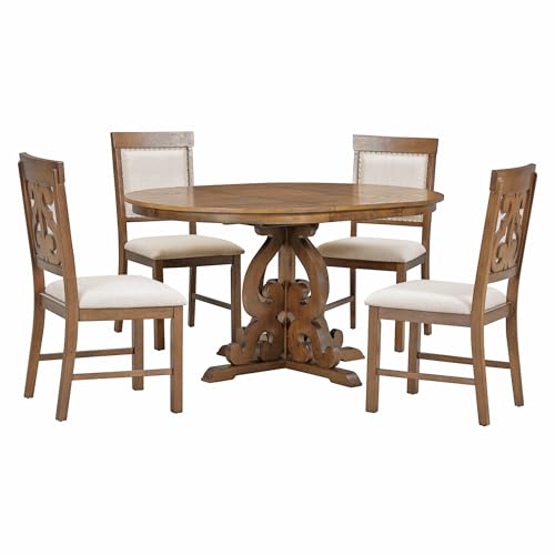 5-Piece Farmhouse Wood Dining Table Set, Rectangular Counter Height Table with 4 Upholstered Dining Chairs for 4 Persons