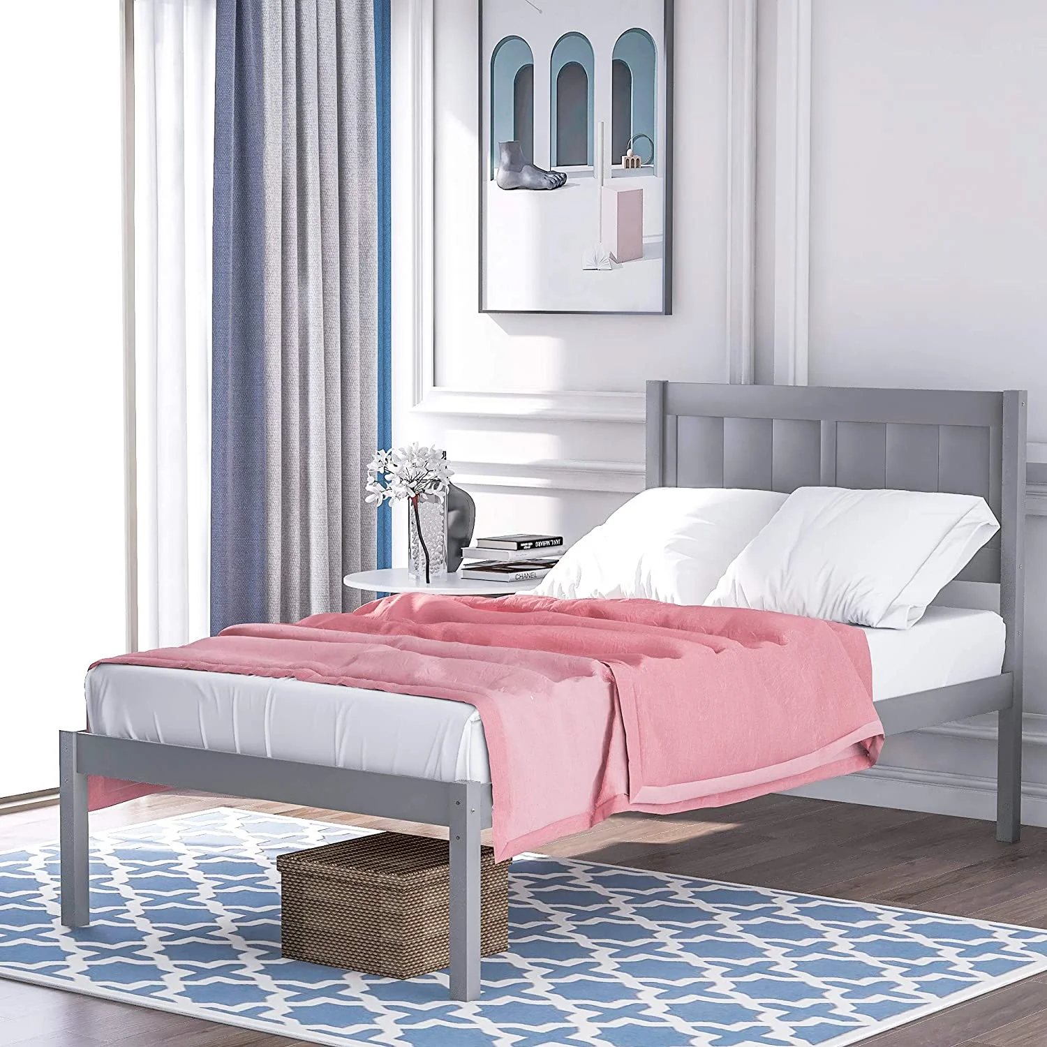 Twin Bed Frames Hard Wood,JULYFOX Gray Platform Bed Frame with Headboard No Box Spring Needed 300 lbs Heavy Duty For Small Spaces