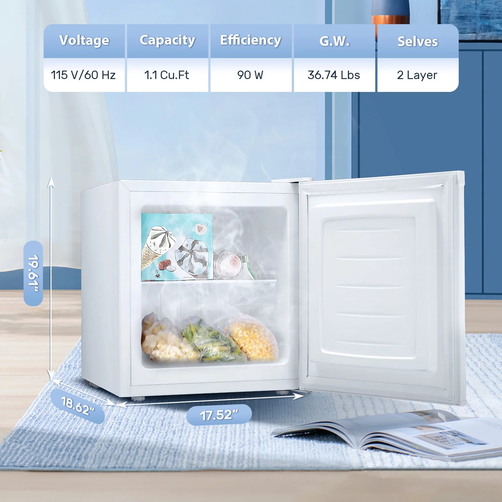 Auseo Mini Freezer Countertop, Energy Saving 1.1 Cu.ft, Single Door Compact Upright Freezer with Reversible Door for Home/Office/Kitchen-Silver