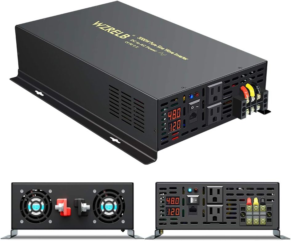 WZRELB Power Inverter Pure Sine Wave 3000Watt 48V DC to 110V 120V with Remote Control Dual AC Outlets and AC Hardwire Port Solar Power Inverter