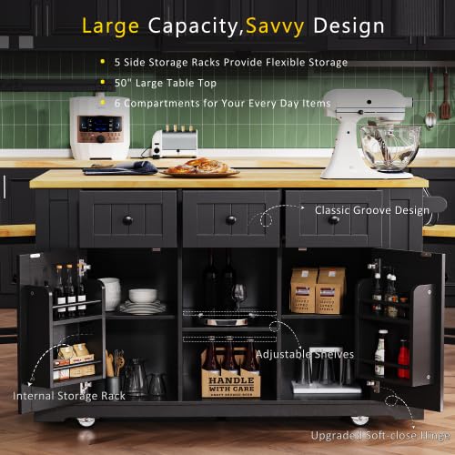 Bellemave Kitchen Island with Storage Cabinet on Wheels, 53.5'' Mobile Kitchen Cart with Power Outlet, Drop Leaf, Spice/Towel Rack and Drawer