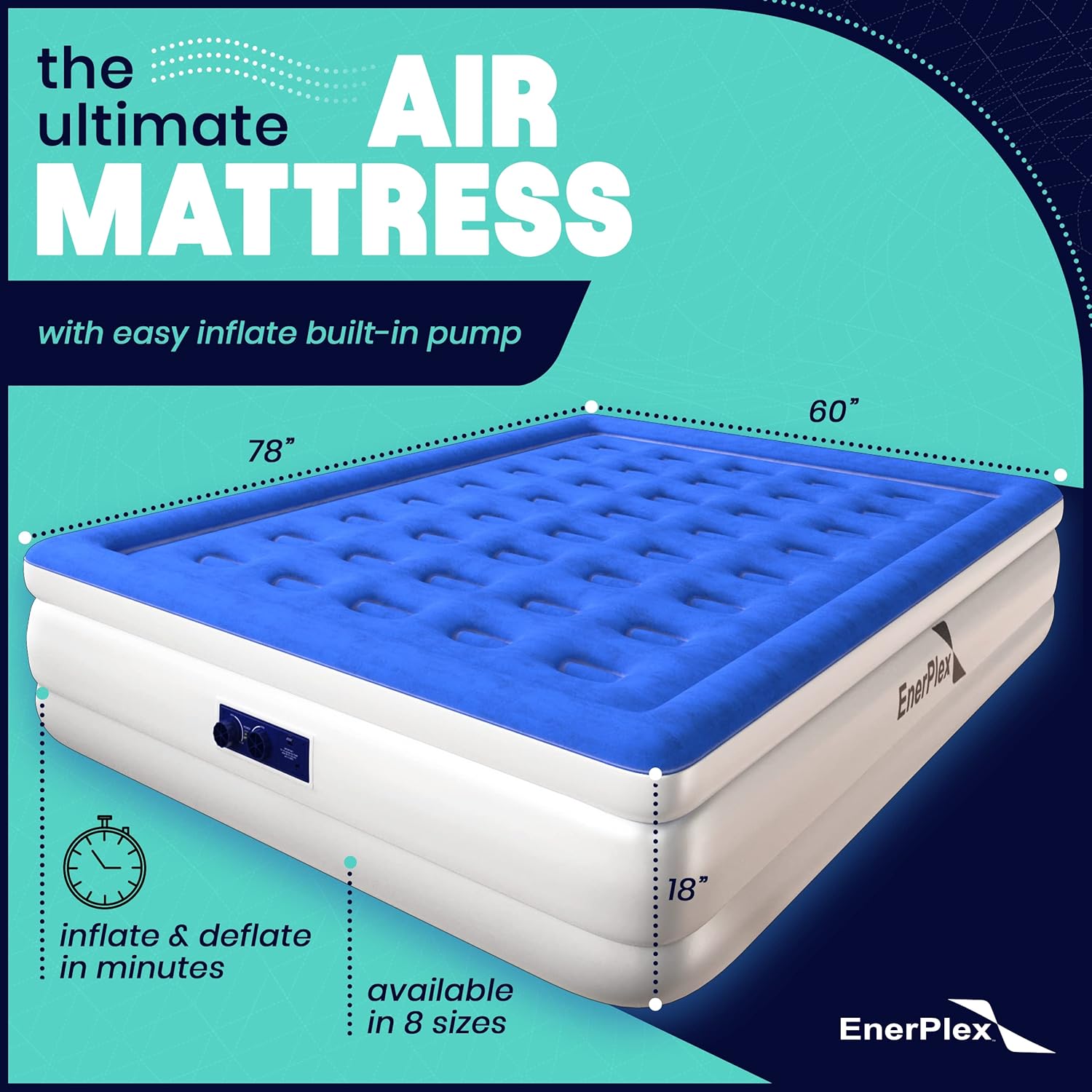 EnerPlex Queen Air Mattress for Camping, Home & Travel - 13 Inch Double Height Inflatable Bed with Built-in Dual Pump - Durable