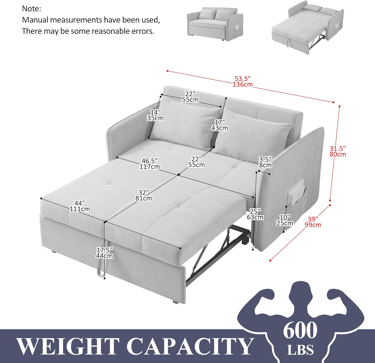 53.5in 3 in 1 Multi-Function Chenille Fabric Double Sofa Bed Post-Modern Minimalist with Pull-Out Bed with Adjustable Backrest/Lumbar Pillow/Side