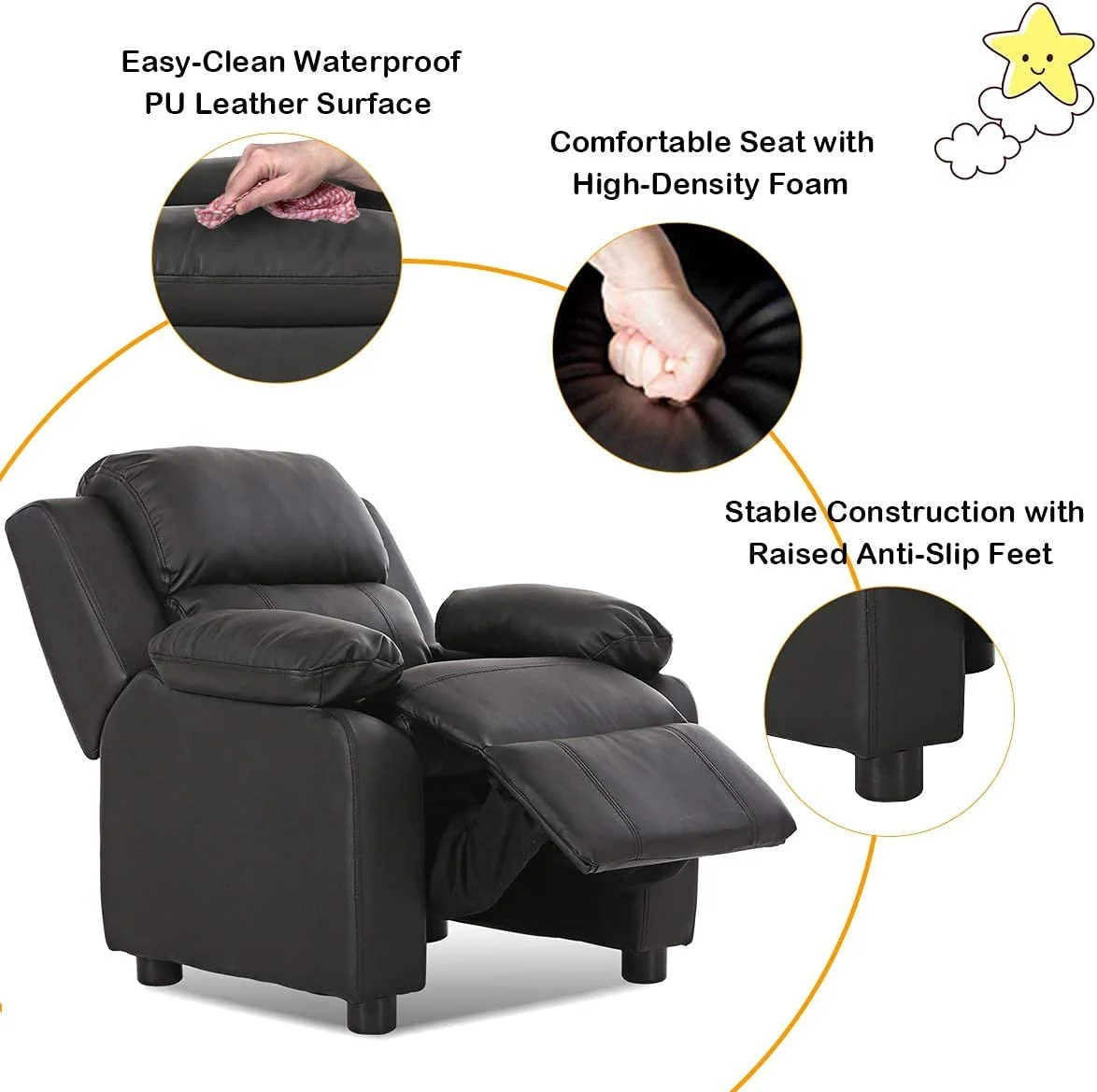 Kids Recliner, Leather Recliner Chair w/Footrest, Armrest Storage, Headrest & Lumbar Support, Ergonomic Lounge Chair for Living & Gaming Room