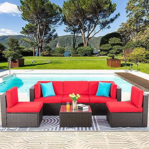 Vongrasig 6 Pieces Outdoor Patio Furniture Set, PE Wicker Rattan Sectional Sofa Patio Conversation Sets with Coffee Table for Garden, Backyard