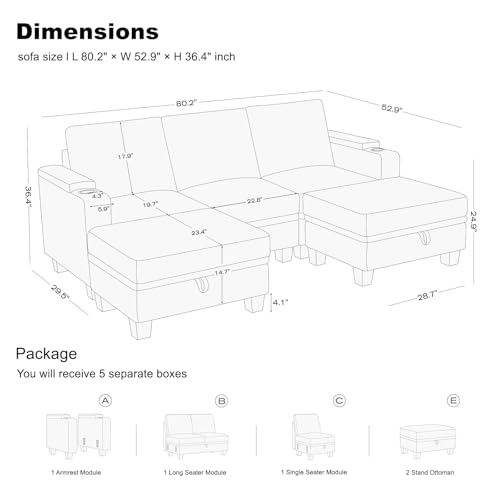 Belffin Modular Sectional Sofa Couch with Storage U Shape Convertible Corner Couches for Living Room Dark Grey Couch