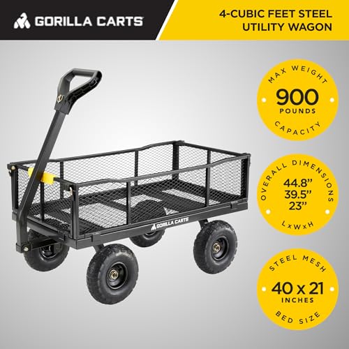 Gorilla Carts Steel Utility Wagon w/Removable Side Panels, 4 Cu Ft, 900 lb Capacity, Black