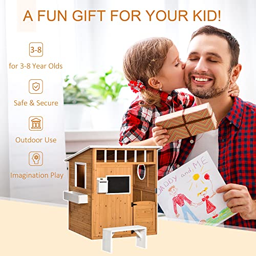 Outsunny Wooden Playhouse for Kids Outdoor with Working Door, Windows, Mailbox, Bench, Flowers Pot Holder, 48" x 42.5" x 53"