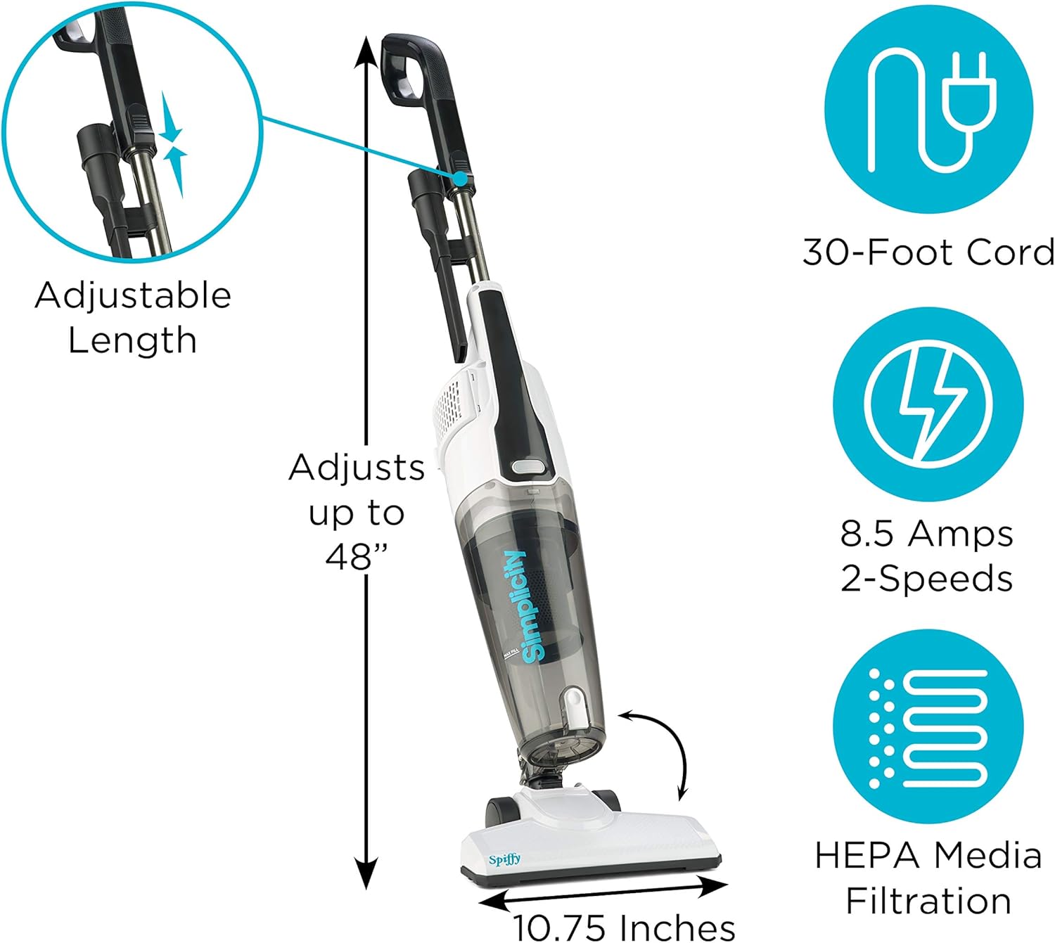 Simplicity Vacuums Corded Stick Vacuum Cleaner, Powerful Bagless Vacuum for Hardwood Floors with Two Speeds, Certified HEPA Filtration, S60 Spiffy