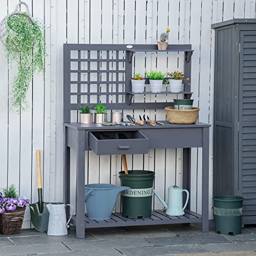Outsunny Potting Bench Table, Garden Work Bench, Outdoor Wooden Workstation with Tiers of Shelves and Drawer for Patio, Courtyards, Balcony, Brown