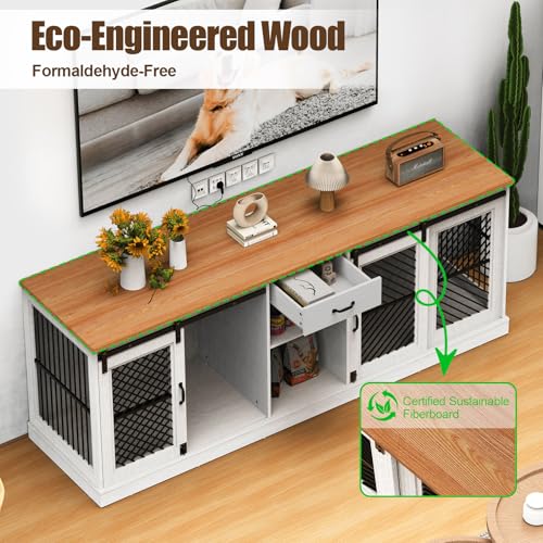 86.6” Large Dog Crate Furniture for 2 Dogs, Decorative Wooden Double Dog Kennel Indoor
