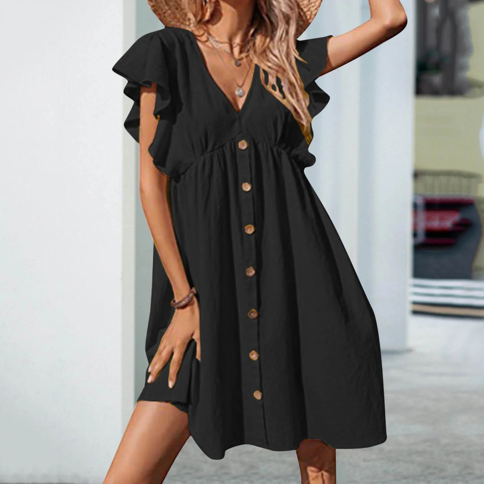 SZXZYGS Cotton Dresses for Women 2024 Petite Womens Summer Dress V Neck Casual Flowy Swing Dresses Midi Button Down Dress T Shirt Dress 2024 Women