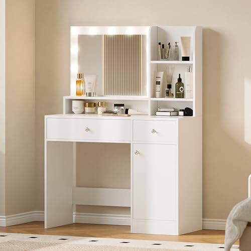 Vanity Desk with Mirror and Lights, Diamond Edition Vanity Desk, Makeup Vanity Table with 3 Drawers & 5 Open Shelves