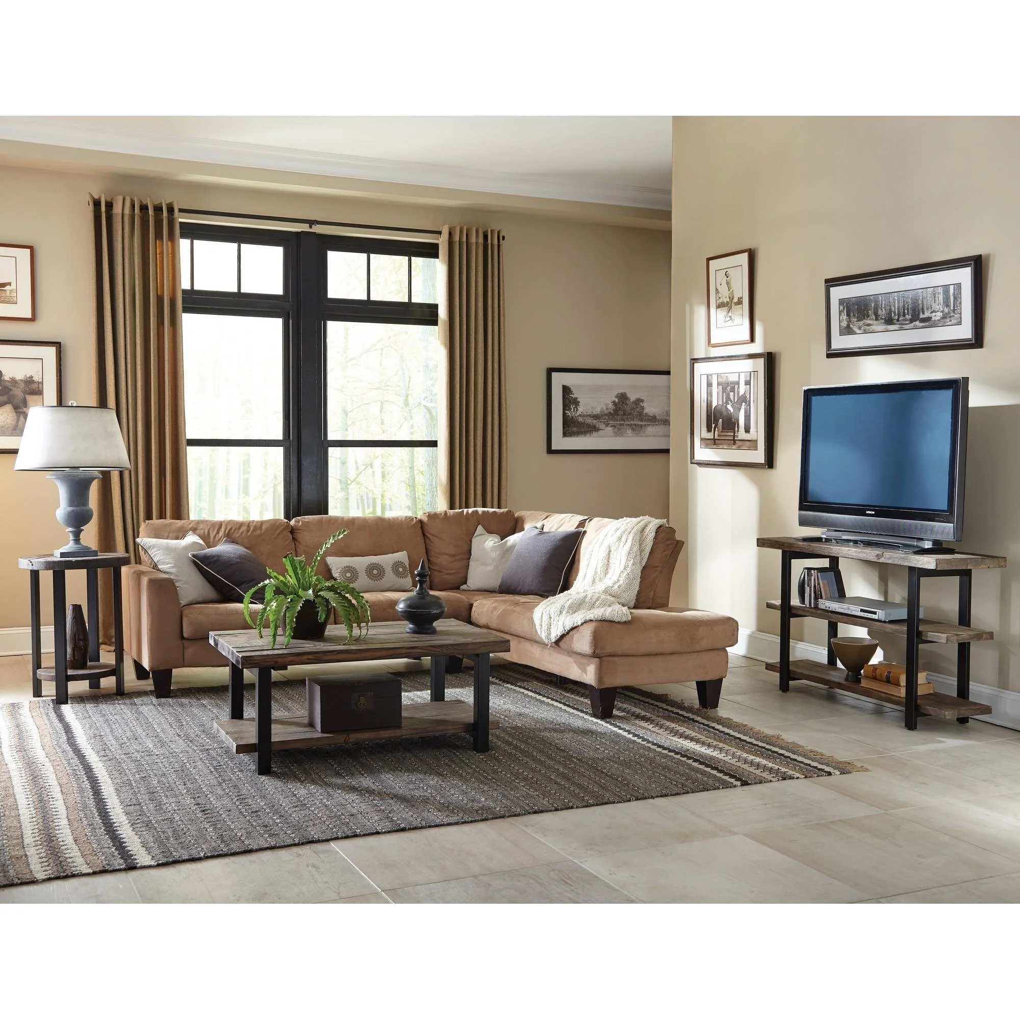 Pomona 42" Metal and Wood Coffee Table, Rustic Natural