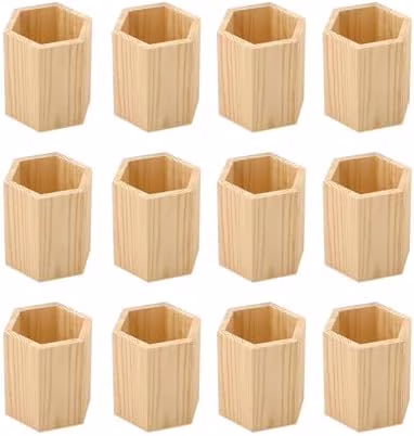 12 Pieces 4 Inch Wooden Pen Holder Hexagon shaped Unfinished Wood Pencil Holder for DIY Crafts (3x3x4 Inches)$$Art &amp; Craft