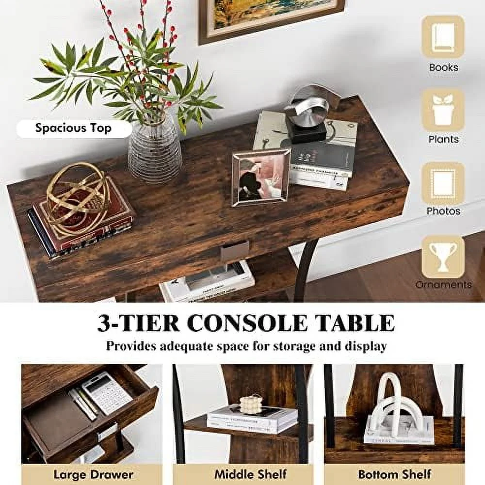 WTYNKAE 3-Tier Console Table  Narrow Sofa Table with  Drawer  Open Shelves &amp