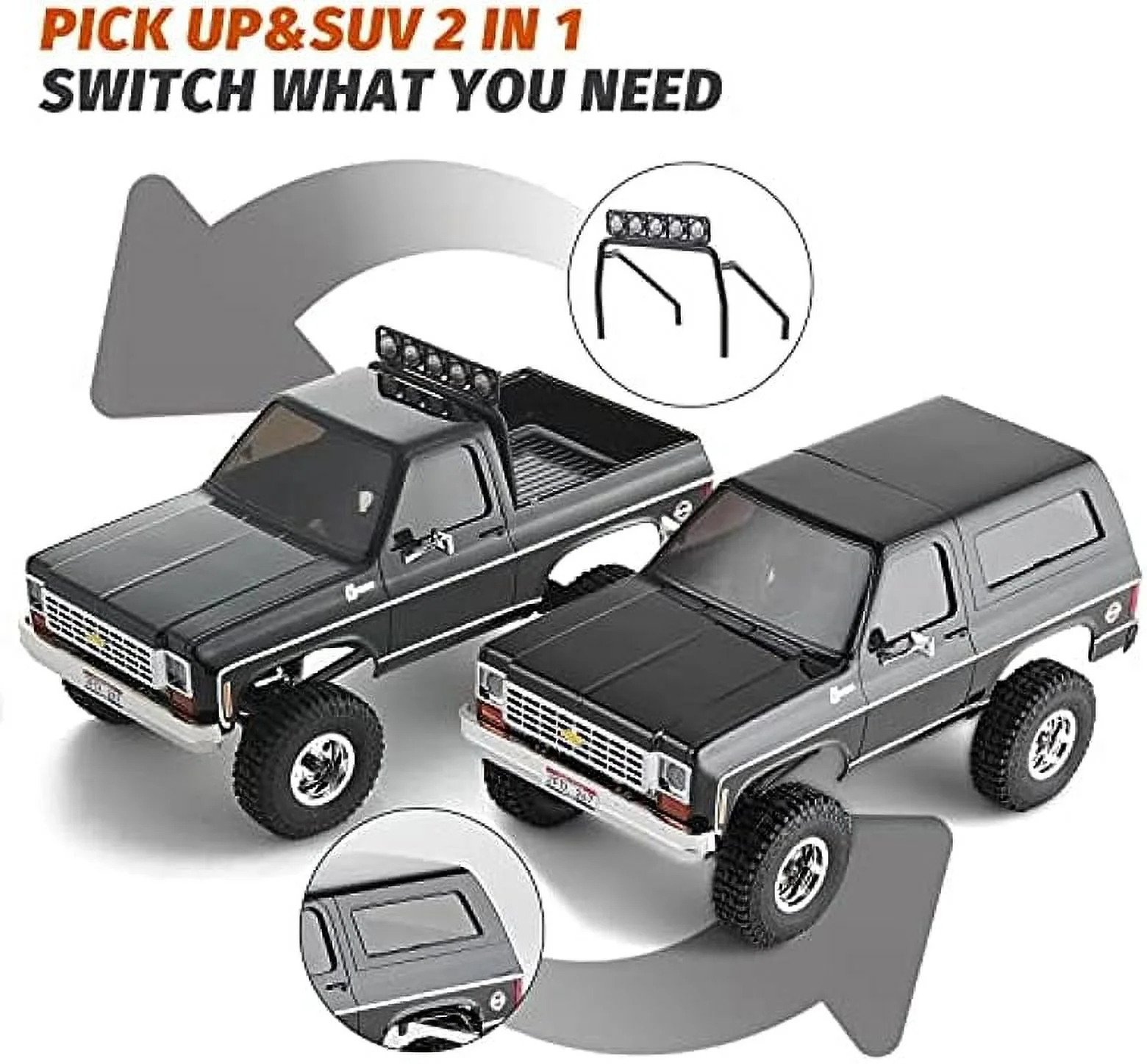 FMS 1/24 RC Crawler FCX24 Chevy K5 Blazer Officially Licensed, Mini RC Car Pick Up Truck & SUV 2 in 1, 4WD 8km/h 2 Speeds Switch