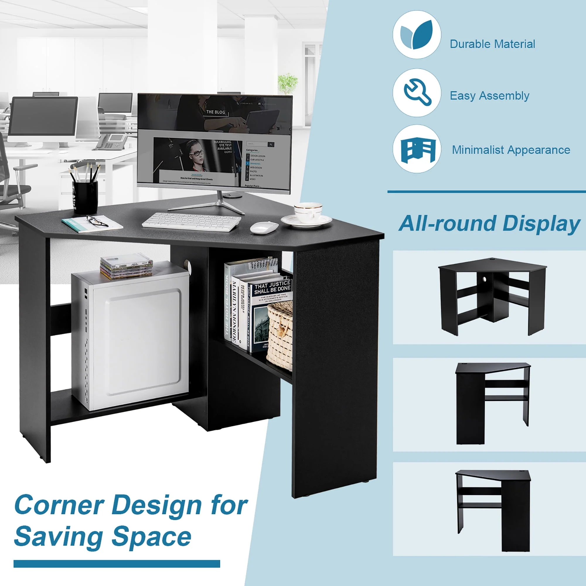 Costway Corner Computer Desk Triangle Writing Workstation w/Storage Shelf Rustic