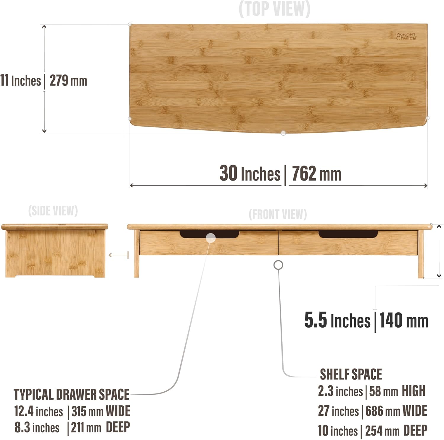 Prosumer’s Choice Bamboo TV/Monitor Stand and Riser with Dual Pull-Out Drawers – Extra Long 30”