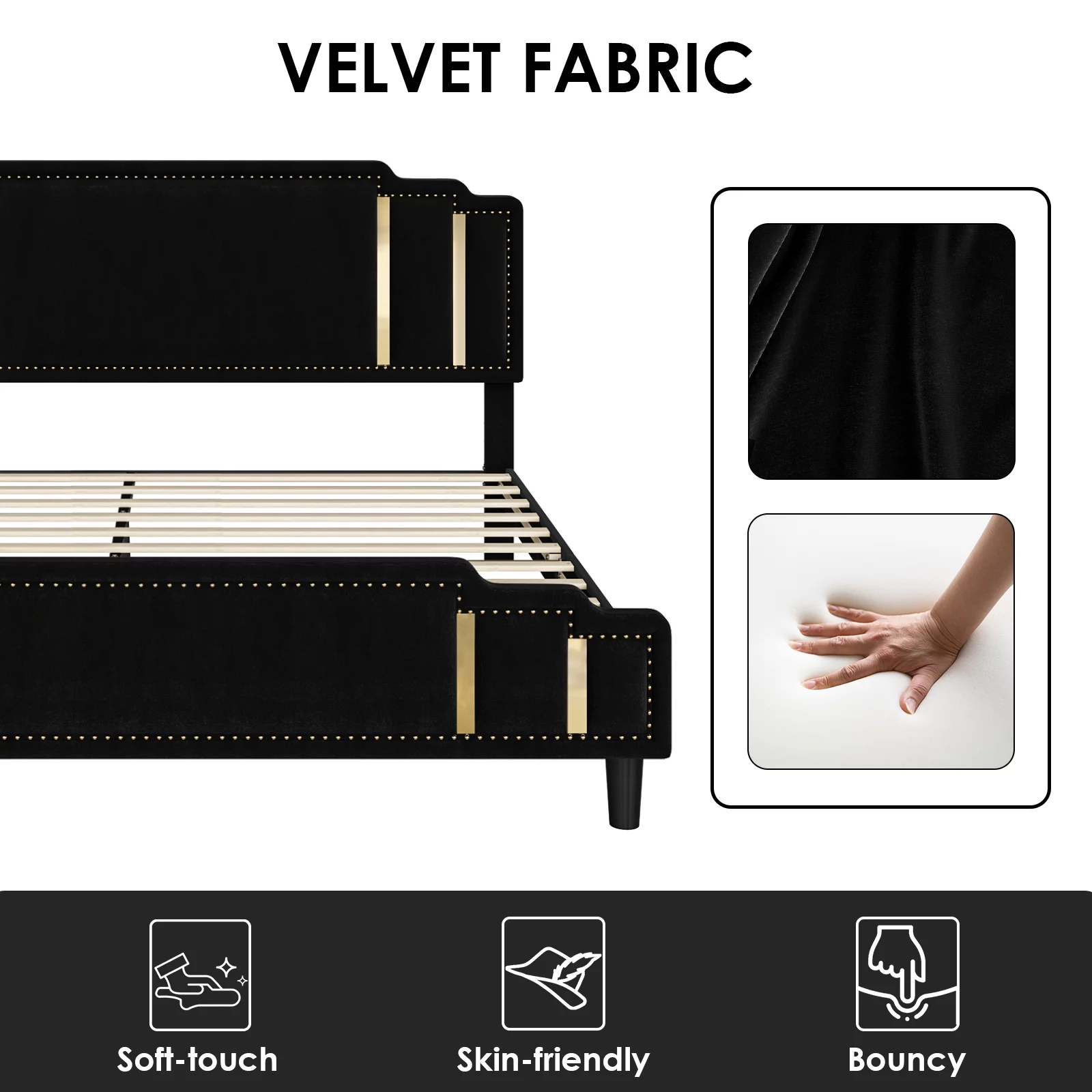 Homfa Queen Bed Frame, Luxury Velvet Upholstered Headboard with Golden Iron Sheet & Rivets, Platform Bed with Adjustable Headboard, Black