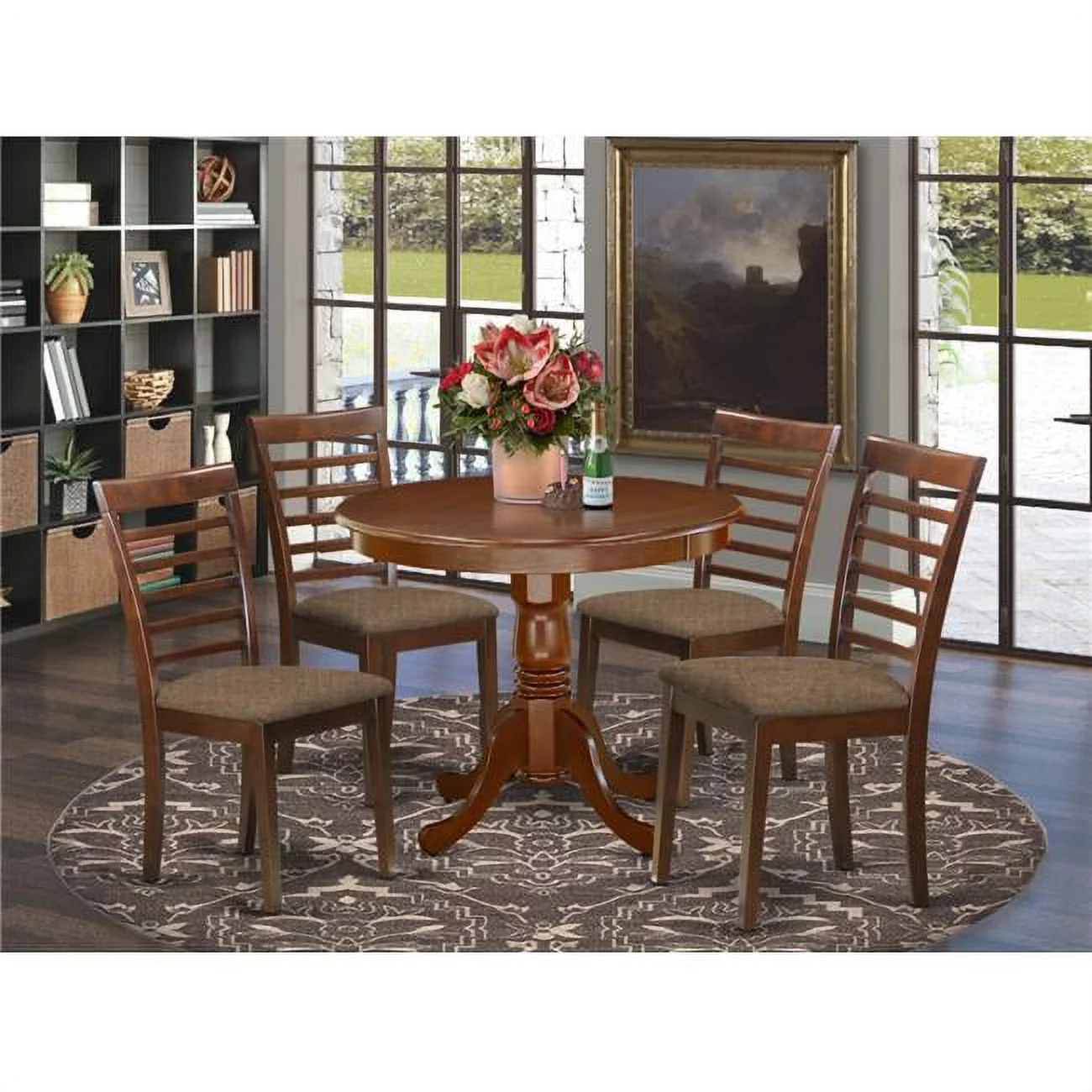 East West Furniture  36 in. Antique Round Kitchen Table & 4 Linen Upholstery Seat Chairs - Mahogany, 5 Piece